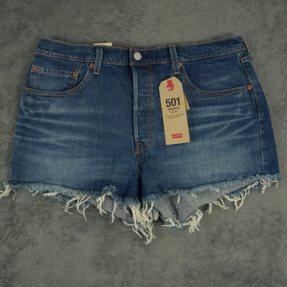 Levis 501 Shorts Womens 32 (35) Blue Mid Rise Button Fly Raw Hem Denim